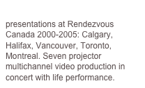 Yukon Larger than Life presentations at Rendezvous Canada 2000-2005: Calgary, Halifax, Vancouver, Toronto, Montreal. Seven projector multichannel video production in concert with life performance.